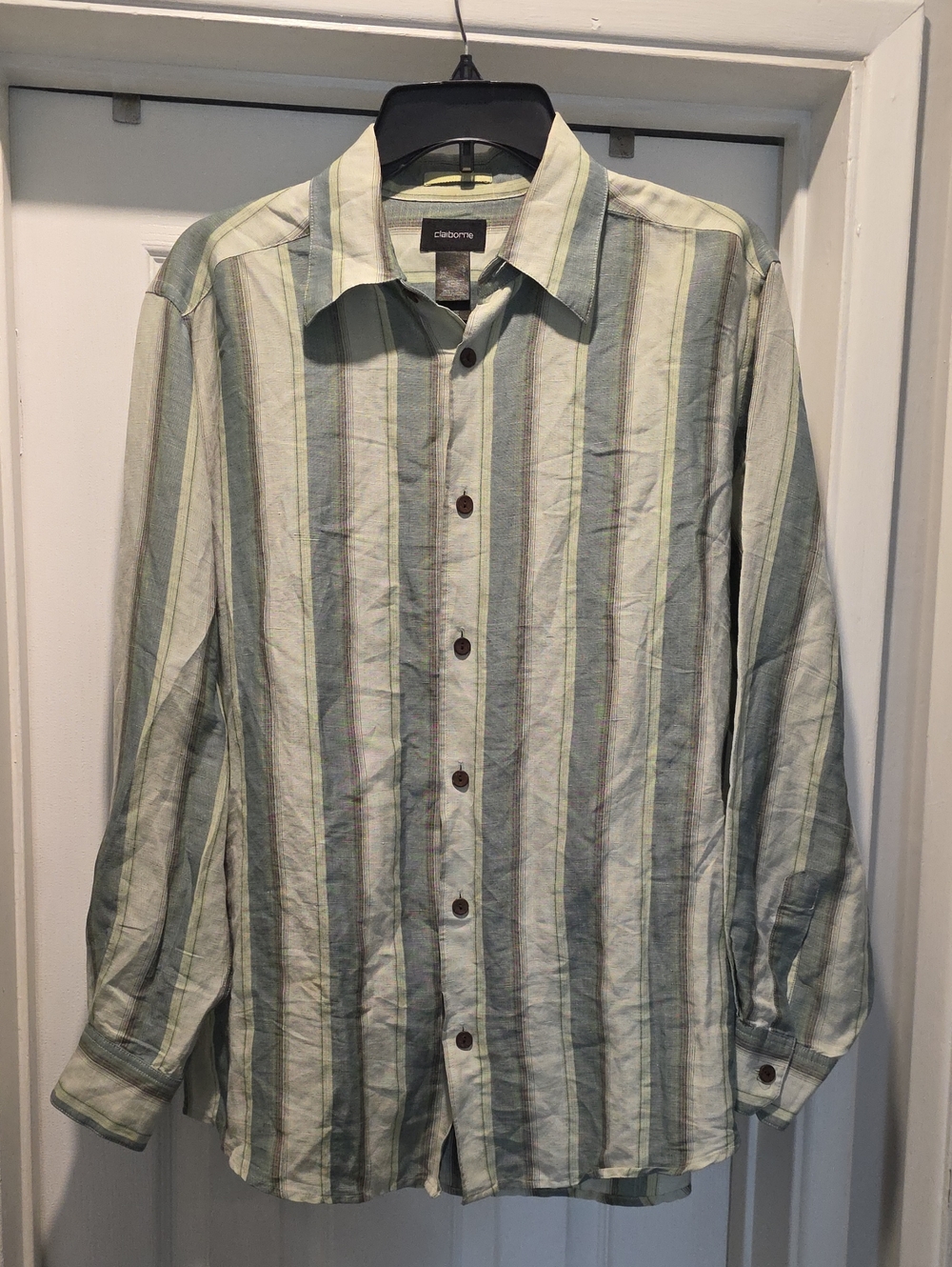 Claiborne Green & Cream Striped Button-Up Shirt